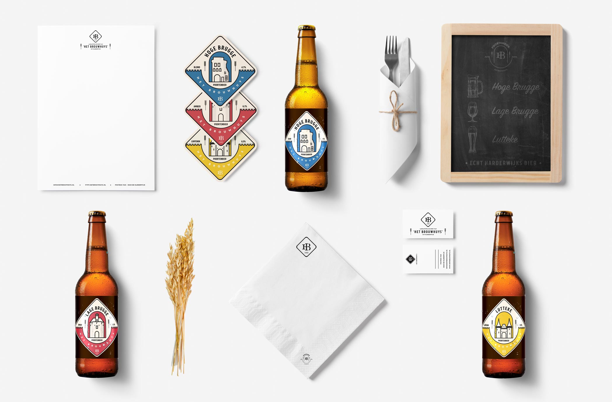 mockup overview poorten-beer Het Brouwhuys with letterhead, business cards and coasters